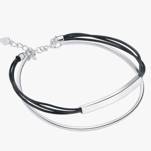 925 Sterling Silver Black Leather Rope Wrap Bracelets 2-Layer Cuff